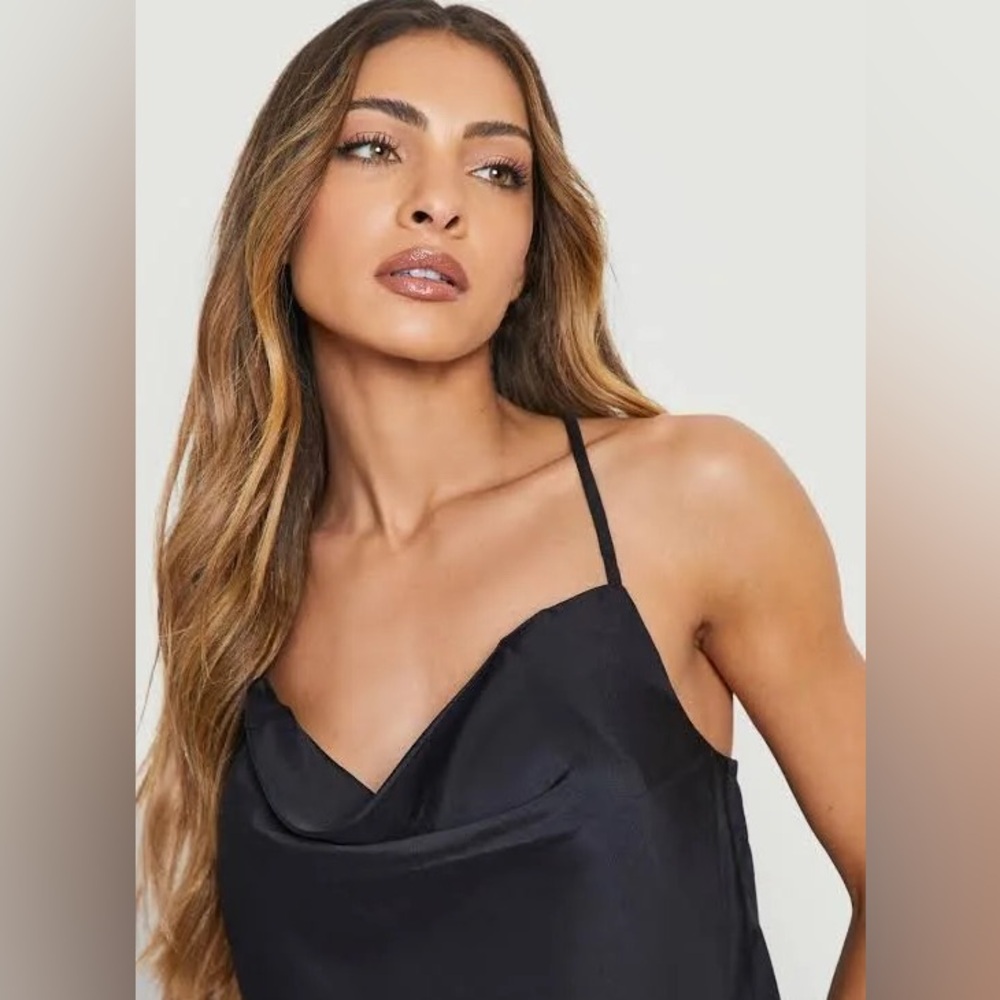 Black Satin Cowl Neck Top